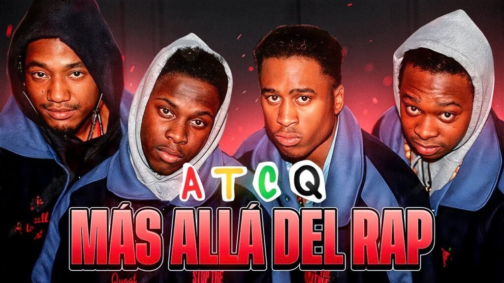 Miembros del grupo A Tribe Called Quest con el texto Mas Alla del Rap