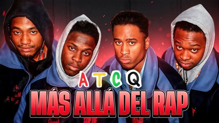Miembros del grupo A Tribe Called Quest con el texto Mas Alla del Rap