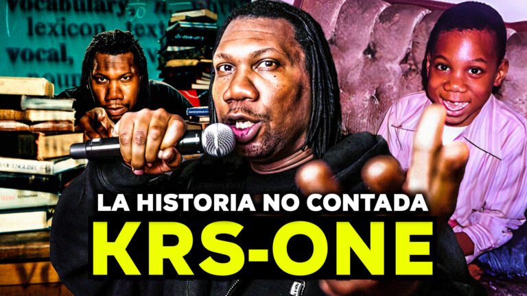 Portada de tres fotos de KRS One: una de él en el medio con un micrófono, a la derecha una de su infancia y a la izquierda rodeado de libros, más el texto: "La Historia no contada KRS-One"