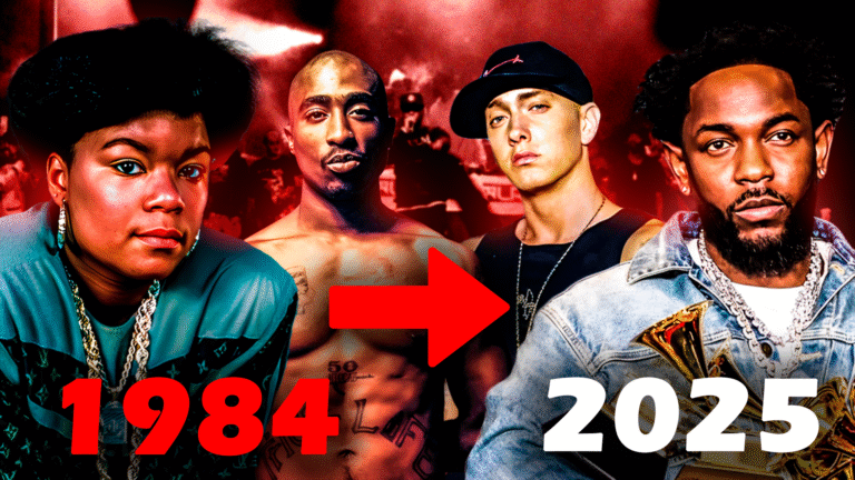 Evolución de los diss tracks en una imagen con Roxanne, 2Pac, Eminem y Kendrick, de 1984 a 2025