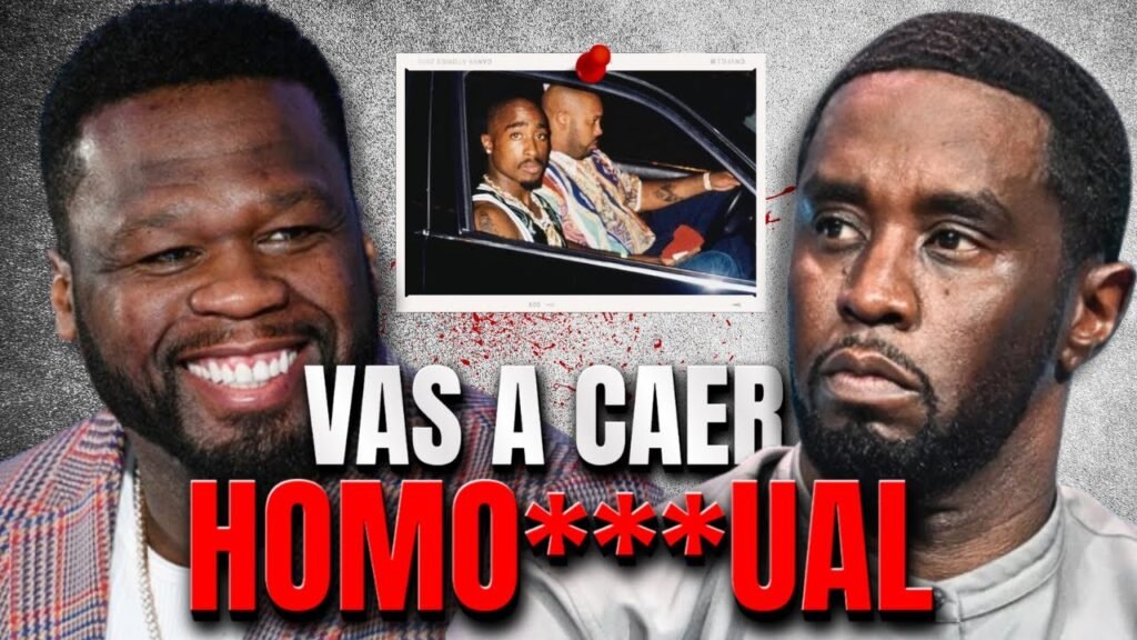 50 Cent riendo y Diddy con cara de enojado, al fondo la ultima foto de 2Pac con vida en las Vegas.