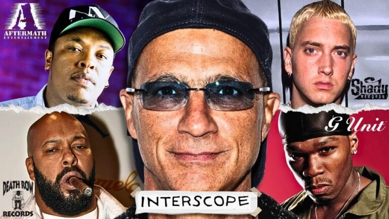 Jimmy Iovine en el centro y de fondo Dr. Dre, Suge Knight Eminem y 50 Cent, representando su influencia en el rap.