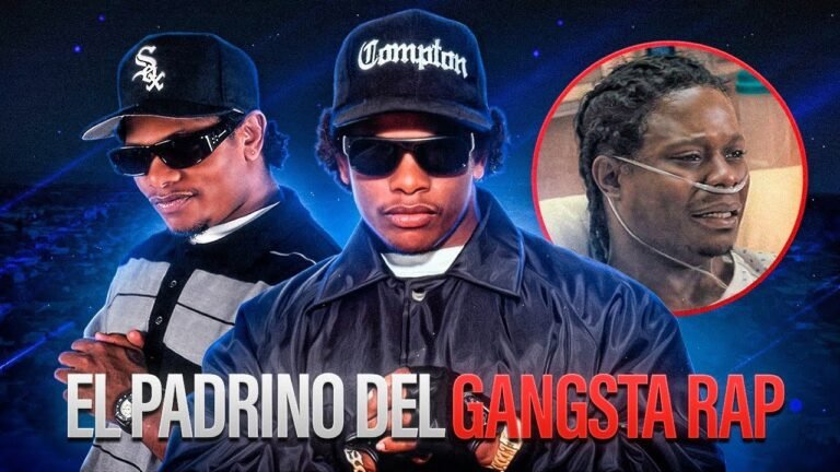 Tres imagenes de Eazy-E, una de ellas es del actor que lo interpreta en la pelicula Straight Outta Compton en la escena donde llora en el hospital. Abajo esta el texto El Padrino del Gangsta Rap