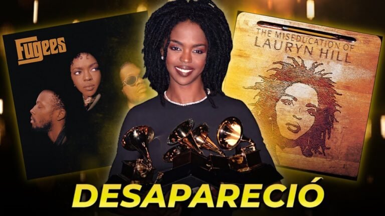 Lauryn Hill cuando gano 5 grammys y al fondo los albumes The Score de The Fugees y The Miseducation of Lauryn Hill