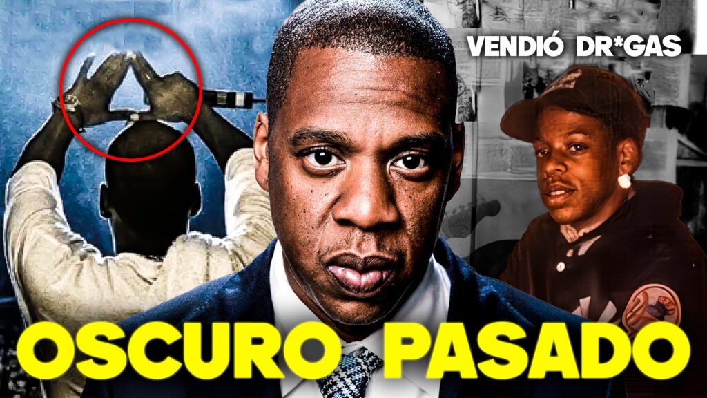 Jay-Z en el medio, a la derecha una version joven de Jay-Z y a la izuierda Jay-Z haciendo el simbolo de Roc A Fella