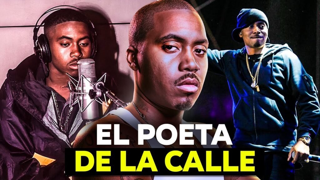 Tres imágenes de Nas de sus etapas en su vida, de joven grabando música, como estrella y como leyenda. Con el texto: El Poeta de la Calle.