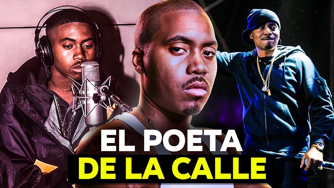 Tres imágenes de Nas de sus etapas en su vida, de joven grabando música, como estrella y como leyenda. Con el texto: El Poeta de la Calle.