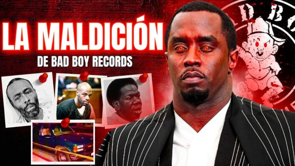 Diddy de color rojo representando una imagen de maldad y atrás fotos de los tristes finales de sus artistas.
También esta el texto: La Maldición de Bad Boy Records.